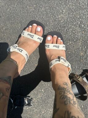 Dior Black Footbed White Logo-Strap Sandals